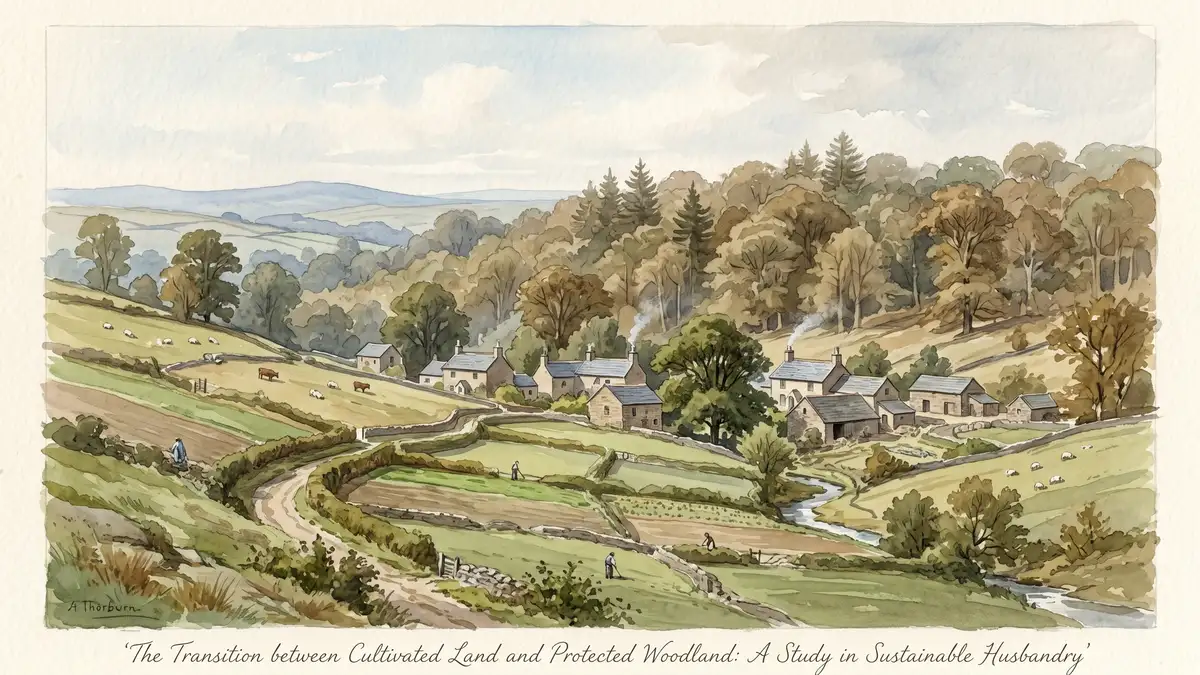 Victorian watercolour of a forest landscape with terraced farmland and village, illustrating Payment for Ecosystem Services