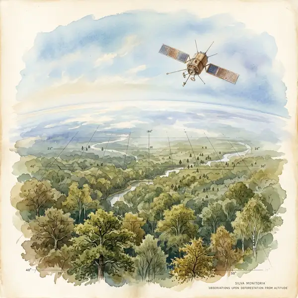 Victorian watercolour of a satellite monitoring forest canopy for deforestation detection