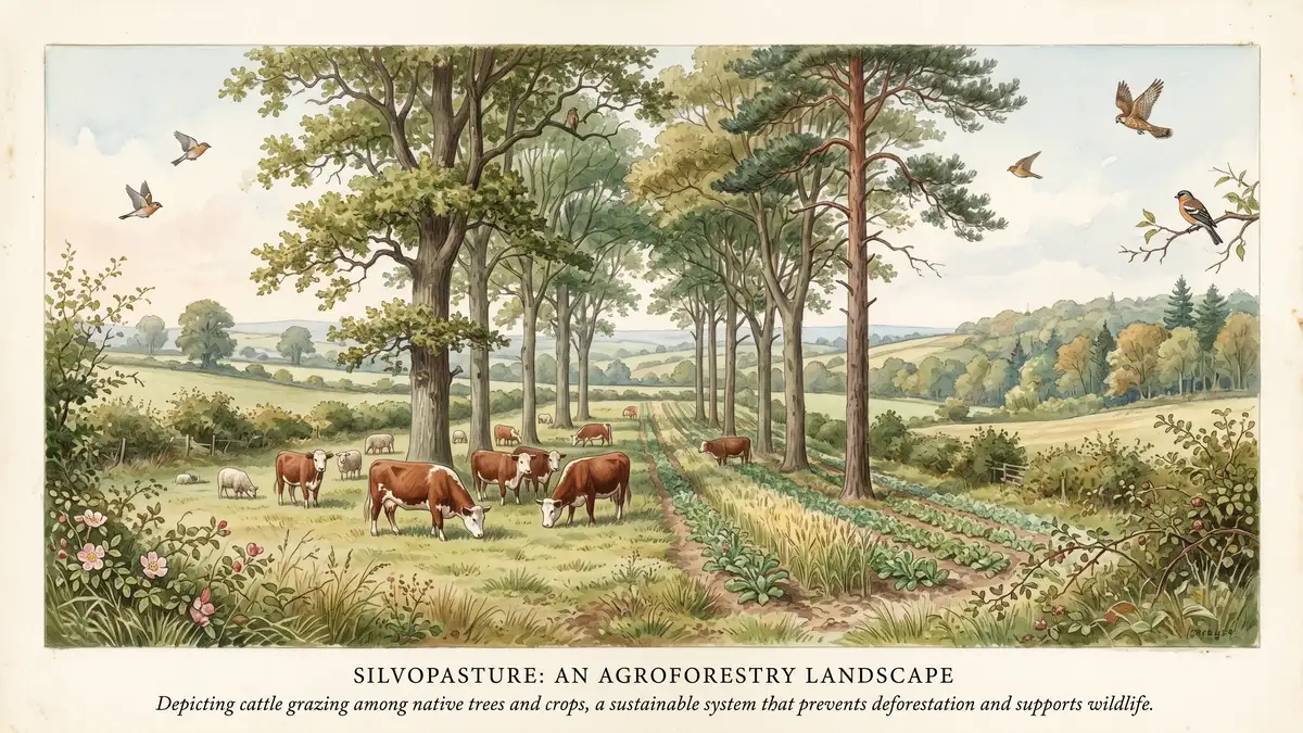 Victorian watercolour of cattle grazing beneath native trees in a silvopasture agroforestry system