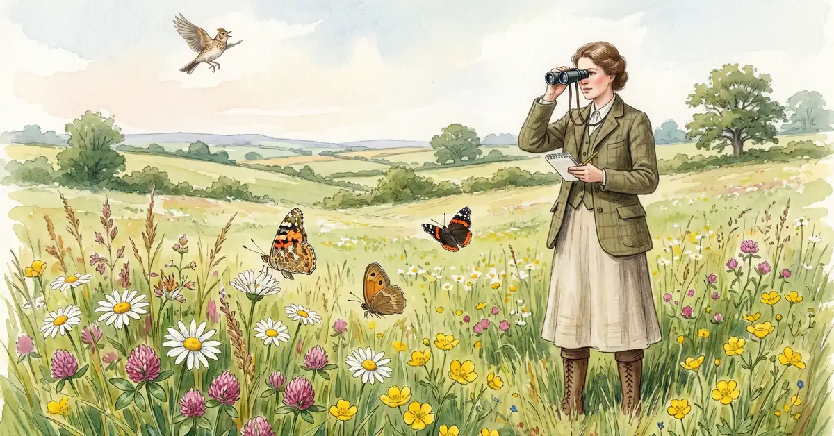 Victorian watercolour illustration of a citizen scientist with binoculars in a British wildflower meadow watching butterflies, with a skylark rising in the background
