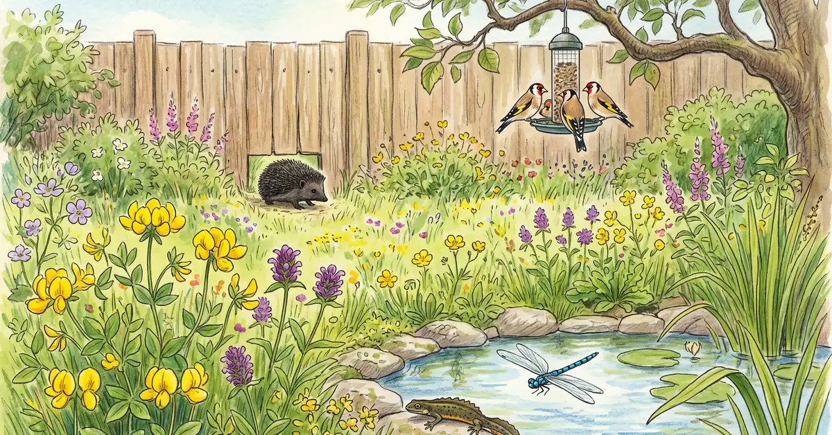 Victorian watercolour illustration of a wildlife-friendly English cottage garden with wildflower meadow, garden pond with dragonflies and newts, and a hedgehog emerging through a fence gap