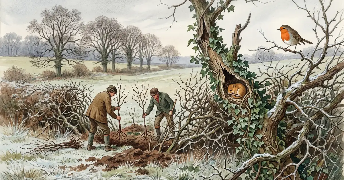 Victorian watercolour illustration of hedgerow restoration — hawthorn and blackthorn saplings being planted in gaps with a dormouse in a nest cavity and robin perched on a branch
