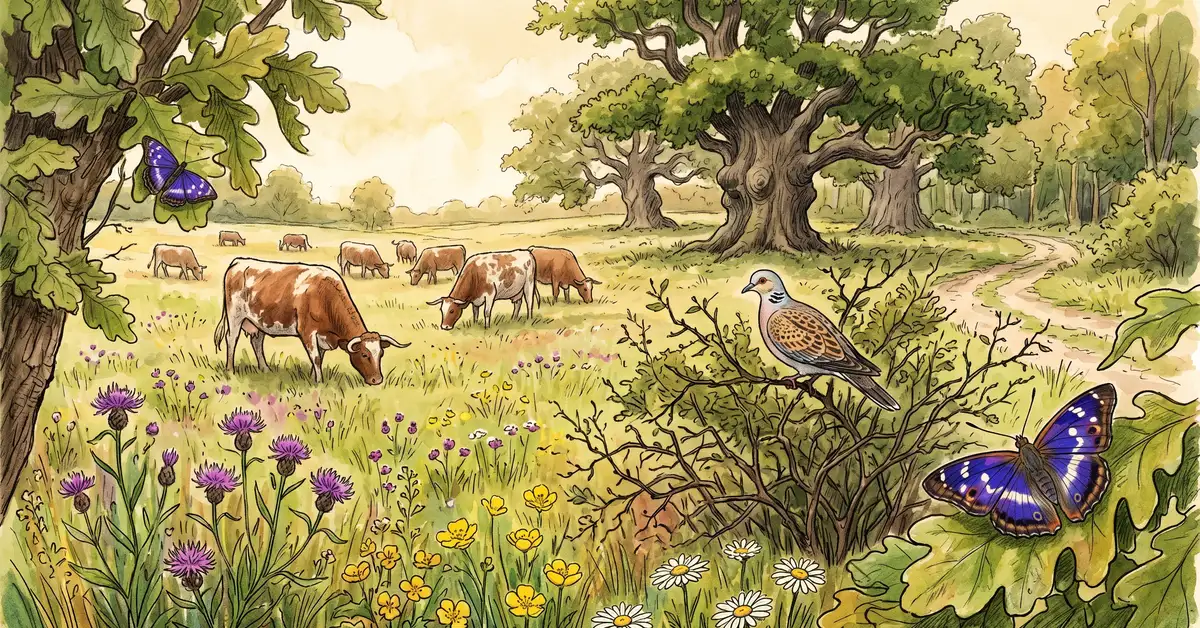 Victorian watercolour illustration of Knepp Estate rewilding — longhorn cattle grazing wildflower grassland with a turtle dove in a blackthorn thicket and ancient oaks