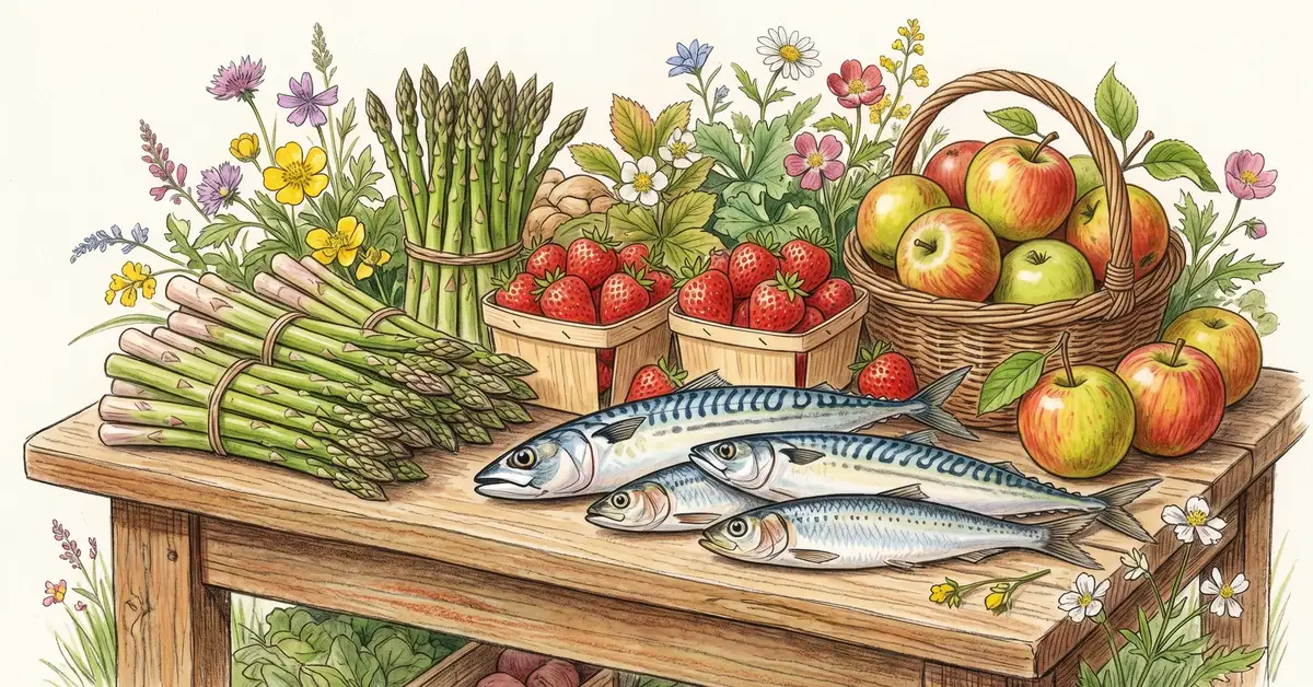 Victorian watercolour still life of seasonal British produce — asparagus, strawberries, heritage apples, mackerel and herring on a market table with wildflowers