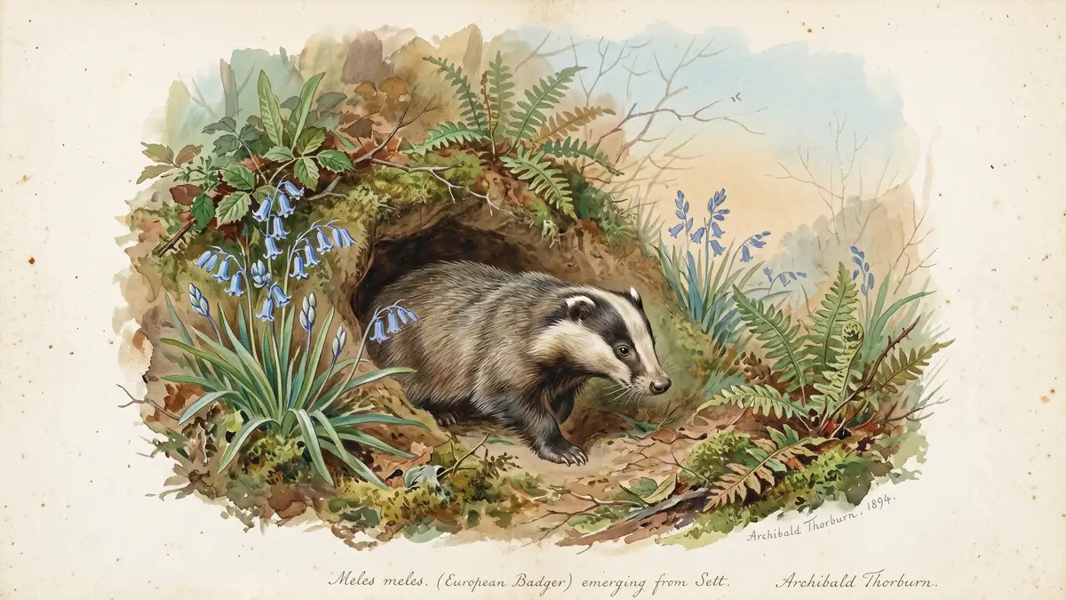 Victorian watercolour illustration of a badger emerging from its sett entrance at dusk with bluebells and ferns in a British woodland