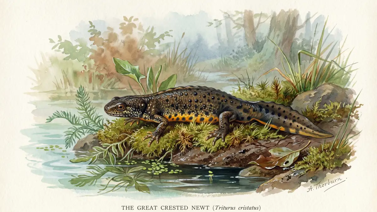 Victorian watercolour illustration of a great crested newt resting beside a mossy pond edge with aquatic plants showing its distinctive orange belly