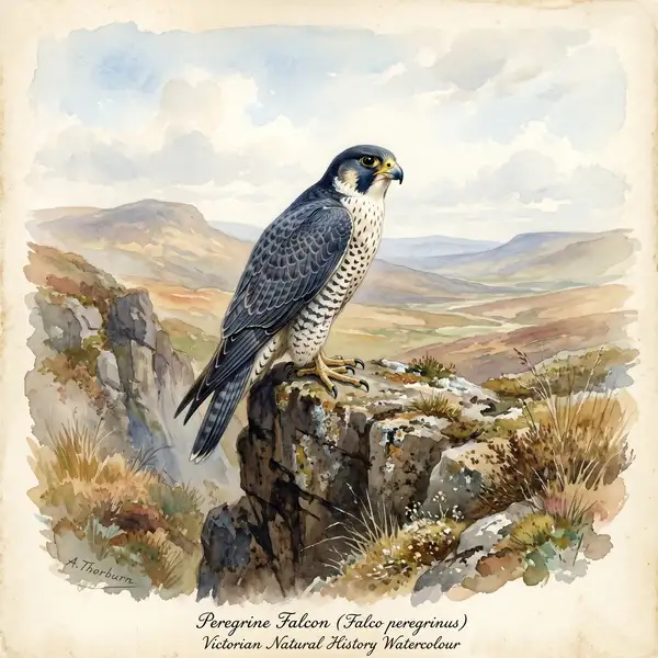Victorian watercolour illustration of a peregrine falcon perched on a rocky cliff ledge with distant moorland behind
