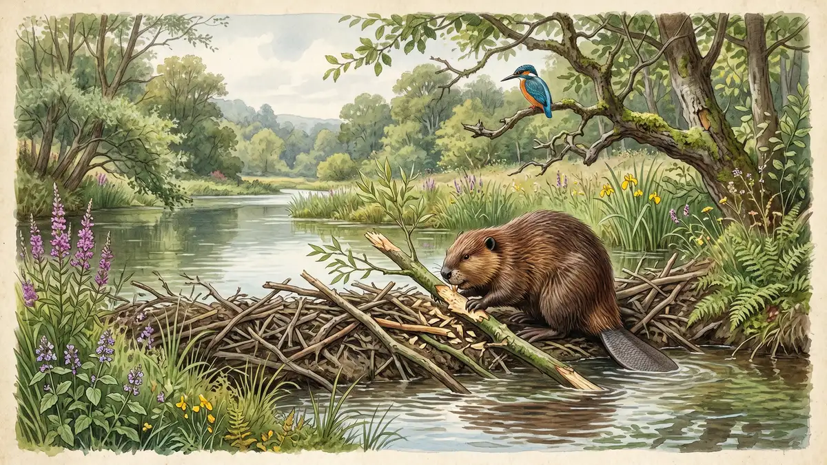 Victorian watercolour illustration of European beaver building a dam across an English stream with kingfisher and wildflowers