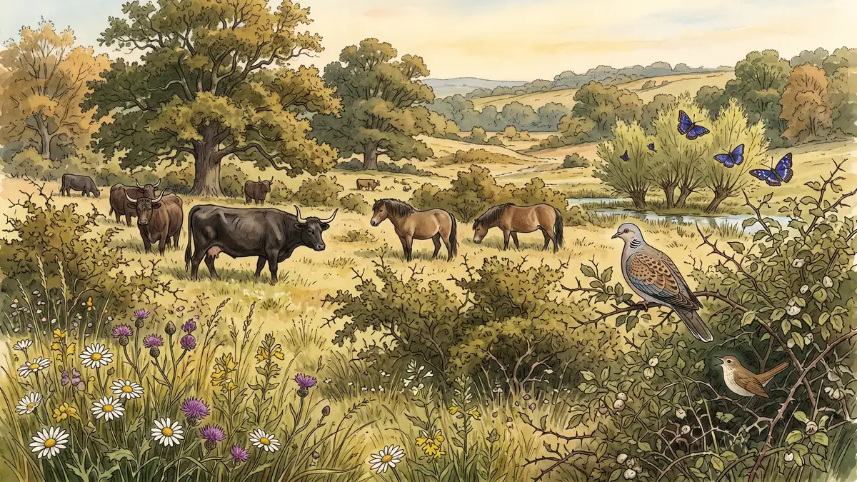 Victorian watercolour illustration of Knepp Estate rewilding landscape with Longhorn cattle, Exmoor ponies, wildflower meadow and purple emperor butterflies