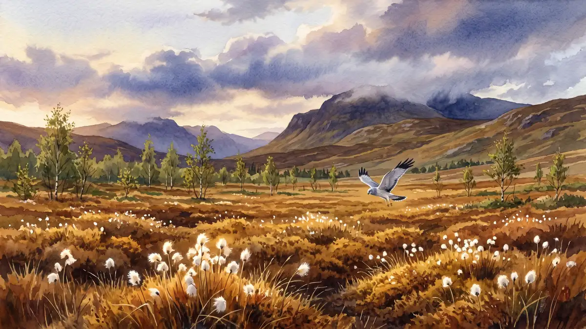 Victorian watercolour illustration of Scottish Highland peatland restoration with sphagnum bog, cotton grass and hen harrier