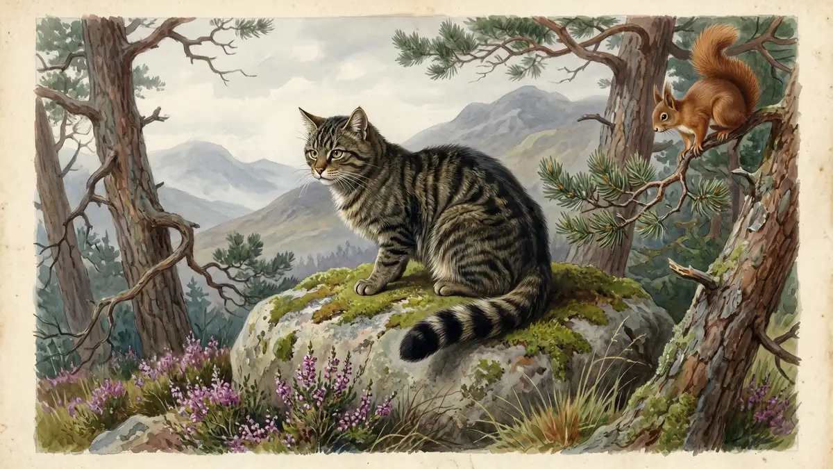 Victorian watercolour illustration of a Scottish wildcat in the Cairngorms Highlands among Scots pine forest with red squirrel