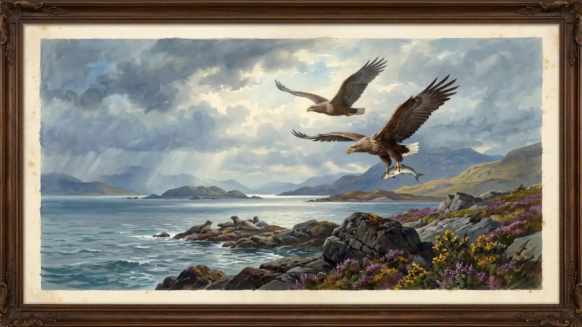 Victorian watercolour illustration of white-tailed sea eagles soaring above a Scottish sea loch with grey seals on rocks