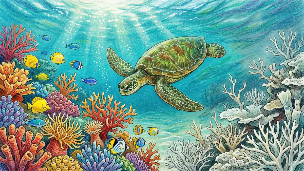 Sea turtle swimming through transitioning coral reef habitat