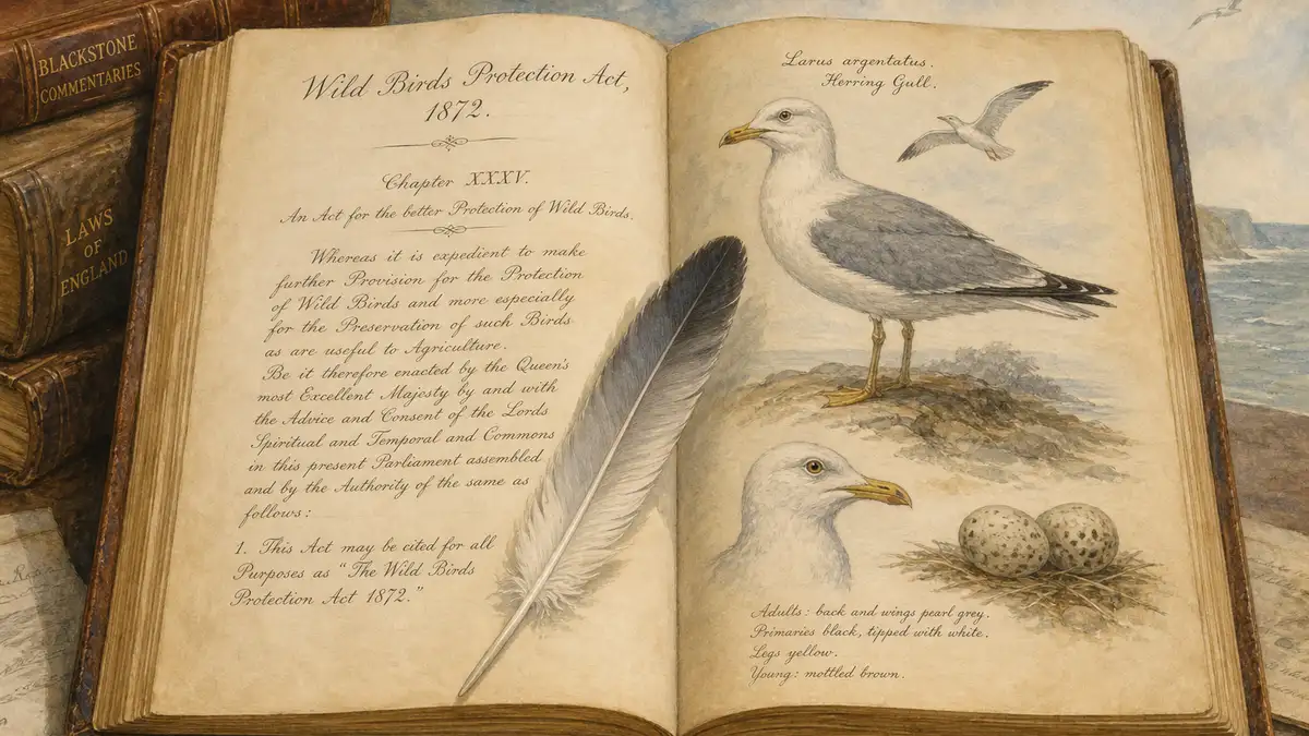 Victorian watercolour illustration of an open leather-bound legal book with bird illustrations and a herring gull feather resting across the pages symbolising UK wildlife protection legislation