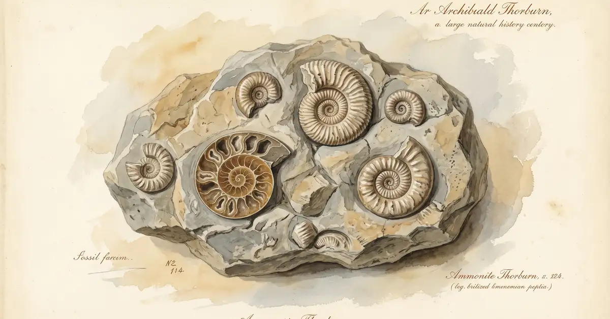 Watercolour illustration of ammonite fossils embedded in limestone, showing spiral chamber cross-sections in ochre and grey tones