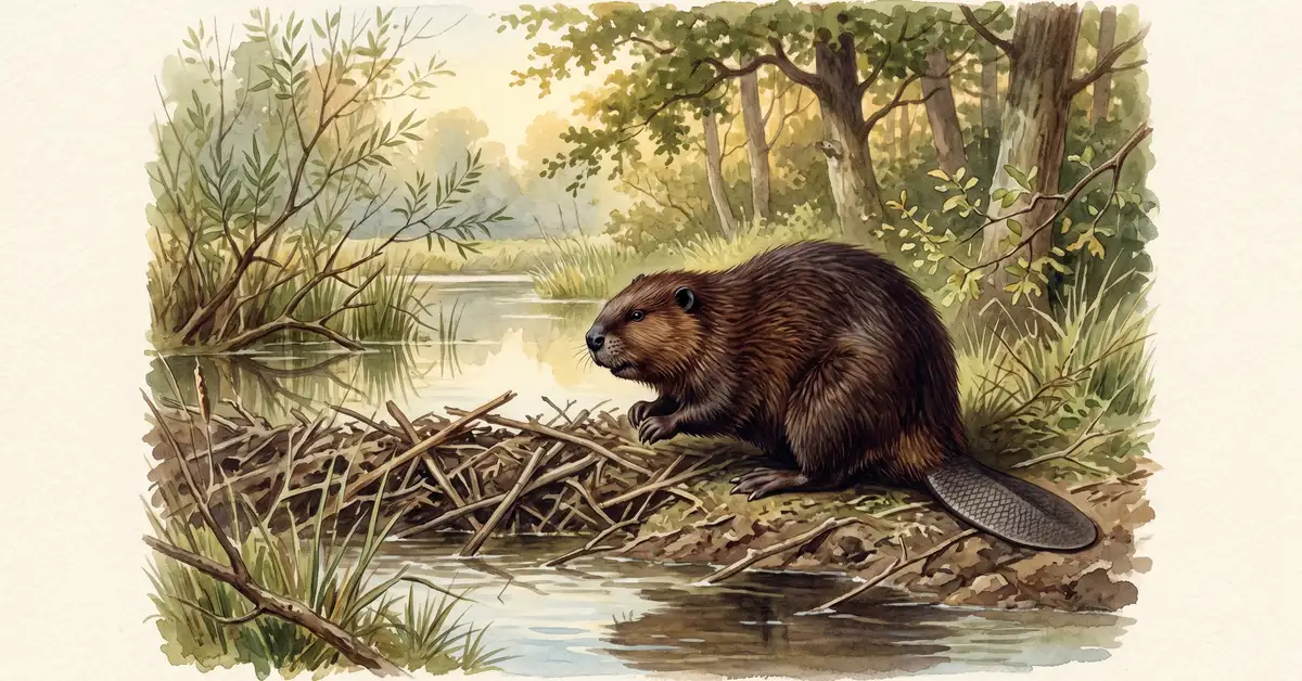 Watercolour illustration of a Eurasian beaver beside its dam in a British woodland stream, with willows and reeds reflected in still water
