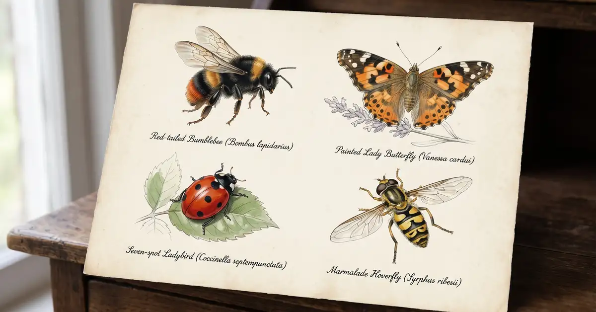 Watercolour scientific plate of four British pollinator insects — bumblebee, painted lady butterfly, hoverfly and ladybird beetle — on cream paper
