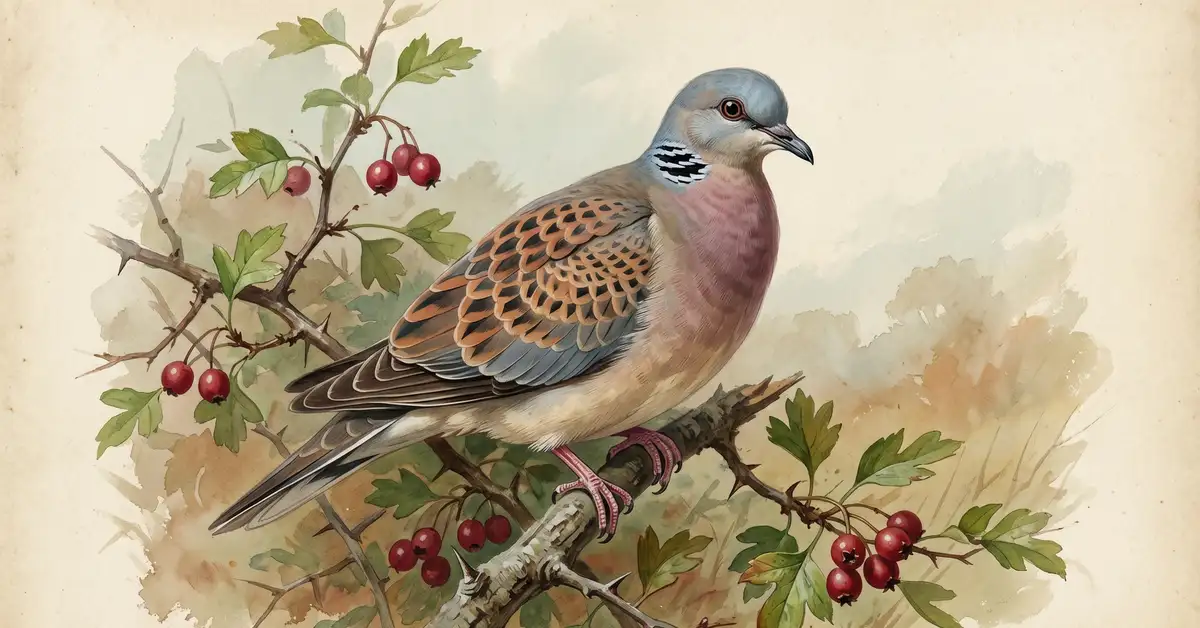 Watercolour illustration of a European turtle dove perched on a hawthorn branch with red berries, showing chequered rufous and black wing feathers