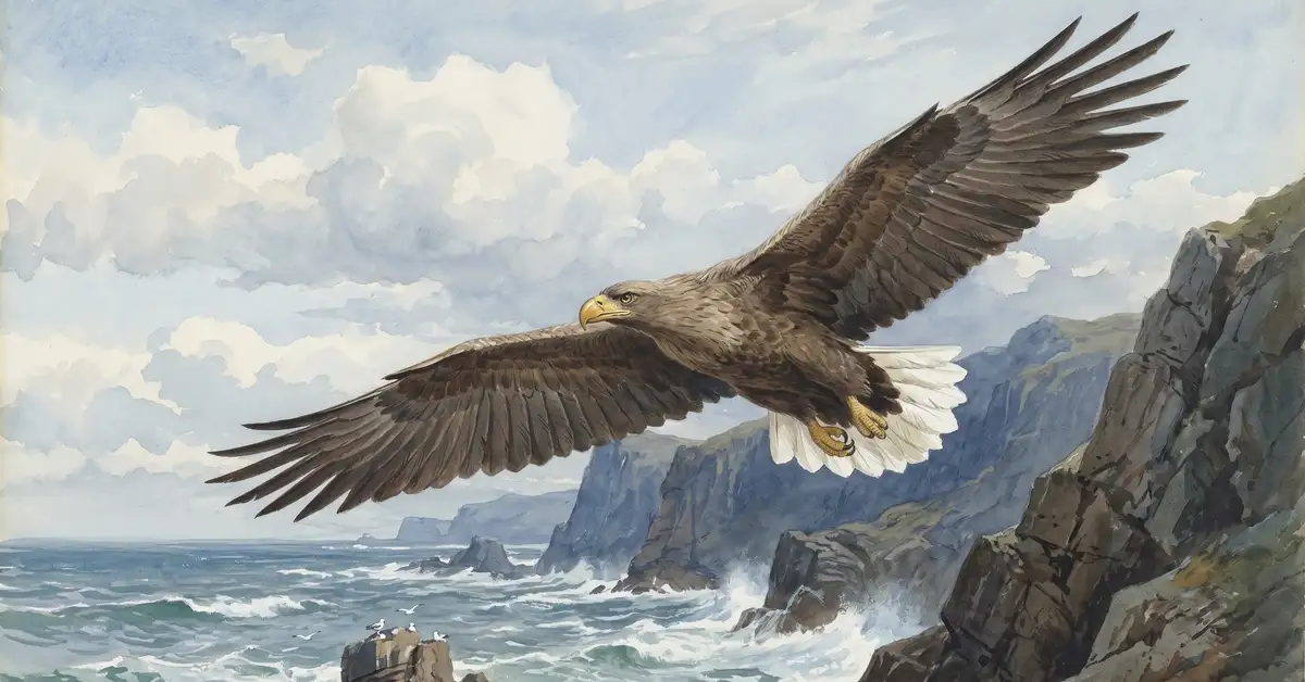 Watercolour illustration of a white-tailed eagle soaring over Scottish sea cliffs with broad wings extended and distinctive white tail feathers
