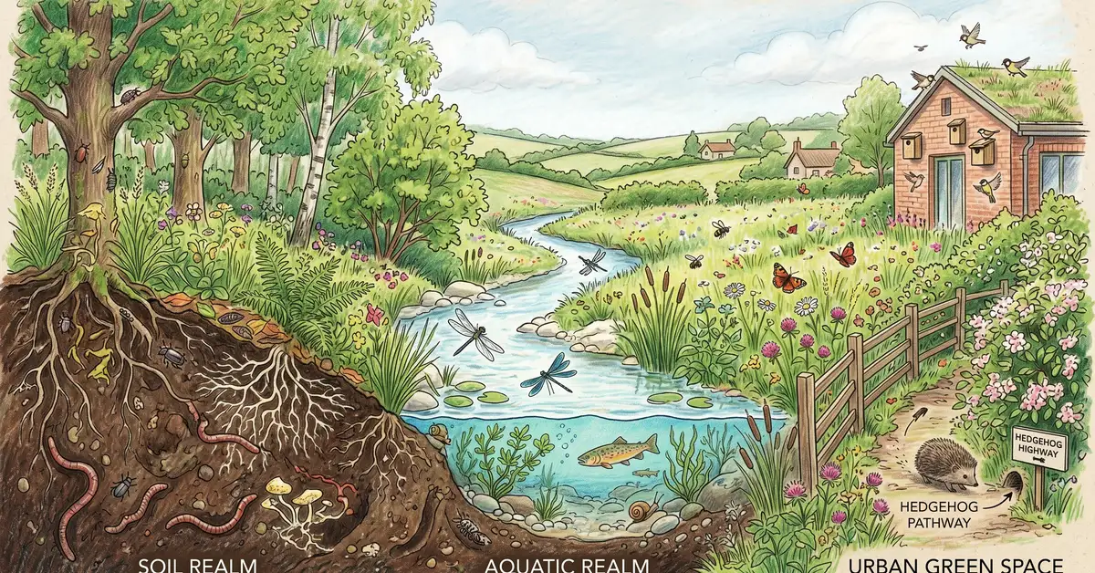 Pencil crayon illustration showing three interconnected biodiversity realms — rich soil with fungi and earthworms, a clear chalk stream with fish, and an urban green space with wildflowers and wildlife