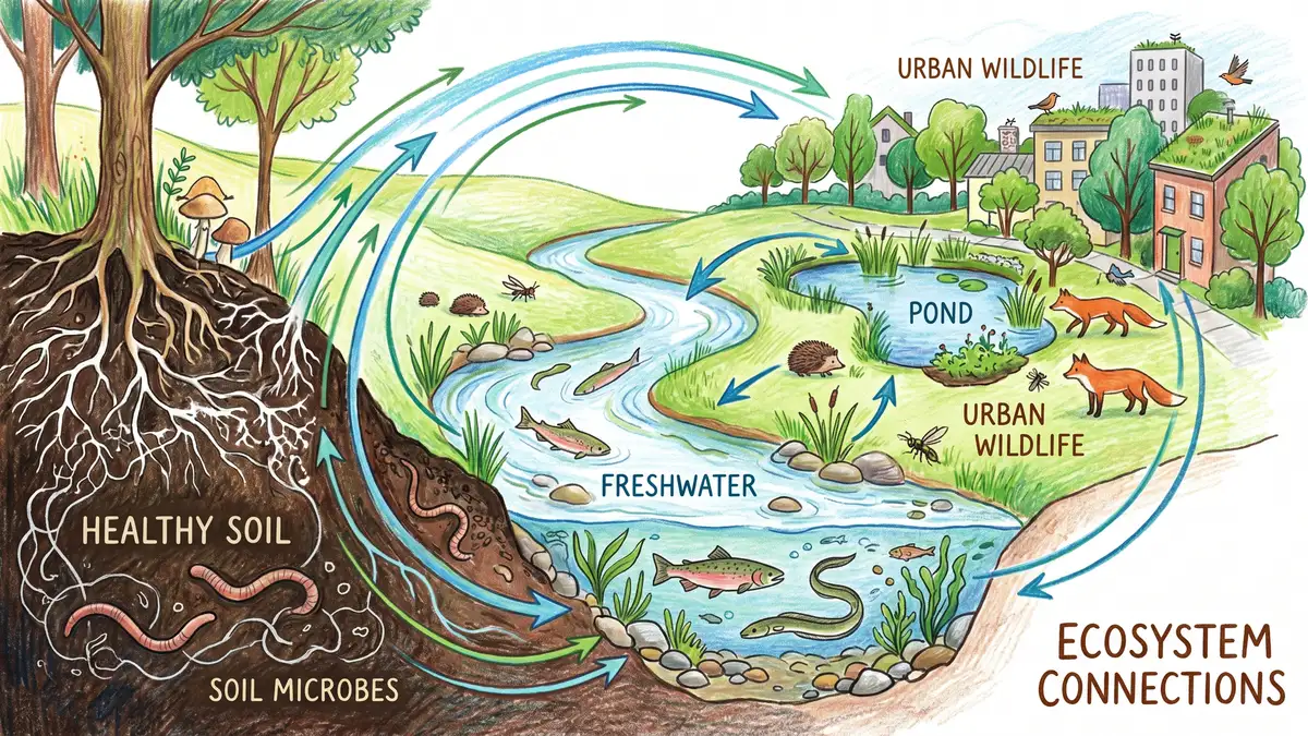 Pencil crayon illustration showing the interconnected cycle between soil, freshwater and urban ecosystems — water filtering through healthy soil into a river flowing through a city with green infrastructure