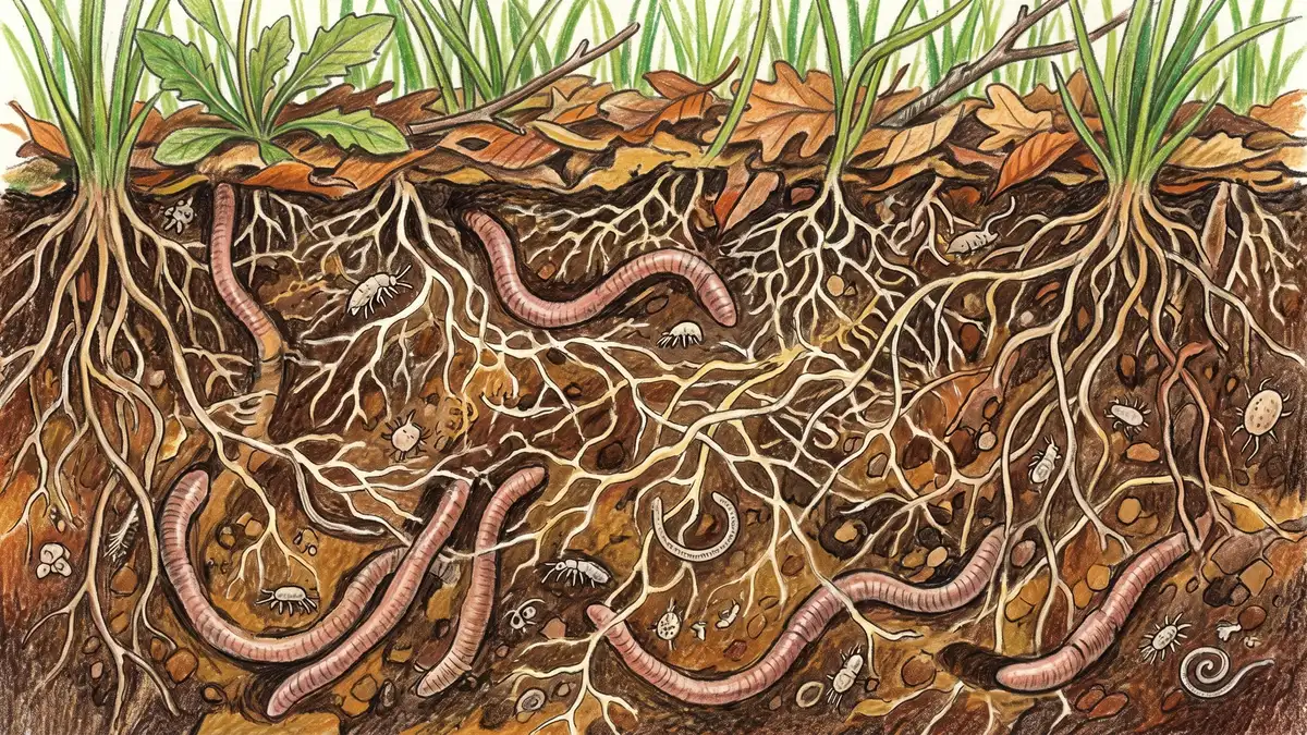 Pencil crayon illustration of soil invertebrates including earthworms, beetles and nematodes moving through rich dark earth with visible root networks