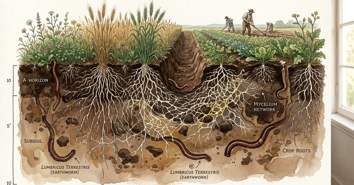 Victorian watercolour cross-section illustration showing soil layers with root systems, fungi mycelium networks, and earthworms beneath a diverse crop field