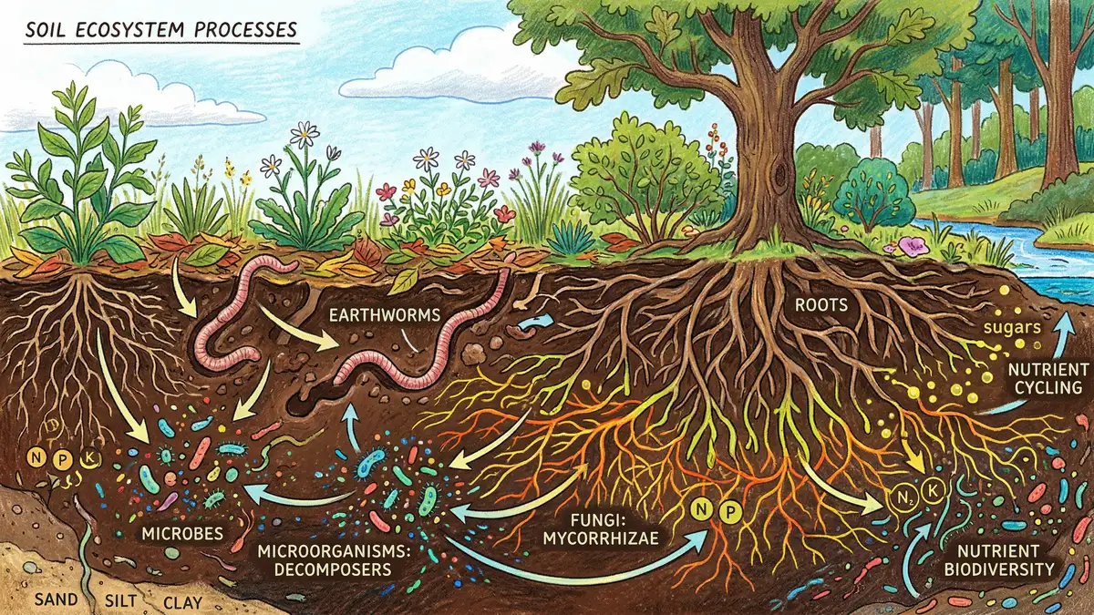 Cross-section illustration of soil showing earthworms, fungi, and plant roots cycling nutrients