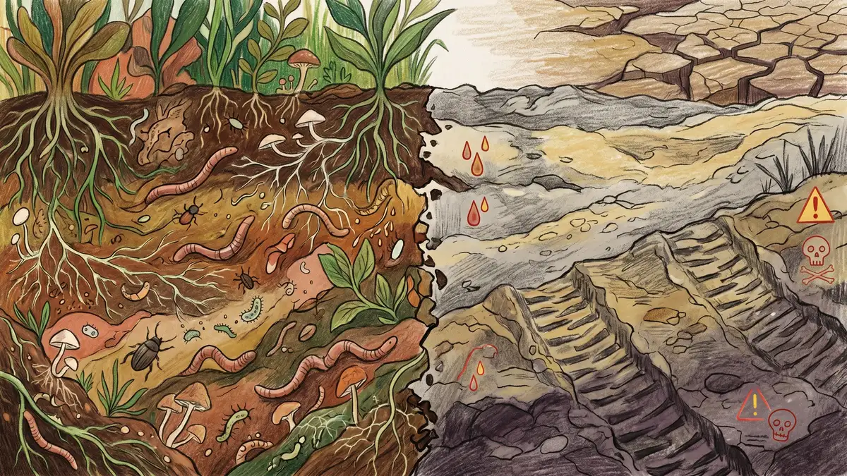 Pencil crayon illustration showing degraded cracked soil on one side transitioning to healthy dark earth teeming with organisms on the other, highlighting the contrast between threatened and thriving soil ecosystems
