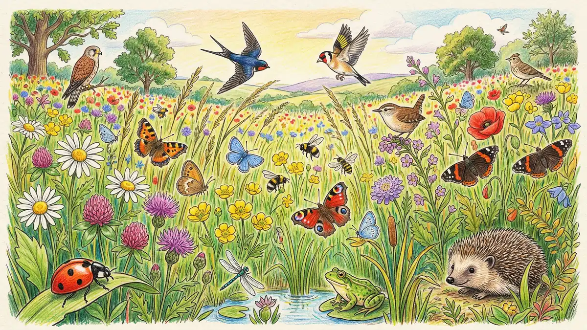 Diverse wildflower meadow with multiple plant species and pollinators, representing high species diversity