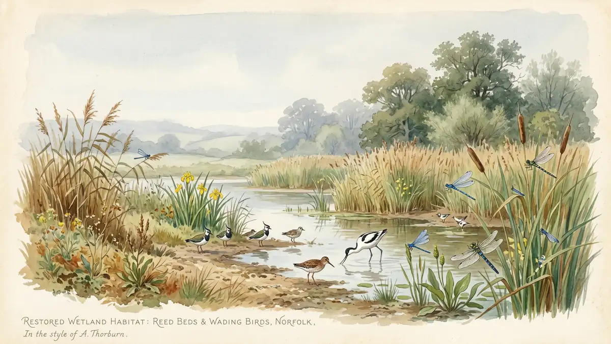 Restored wetland habitat bank with reed beds and shallow pools bordered by mature oak trees, Victorian watercolour style