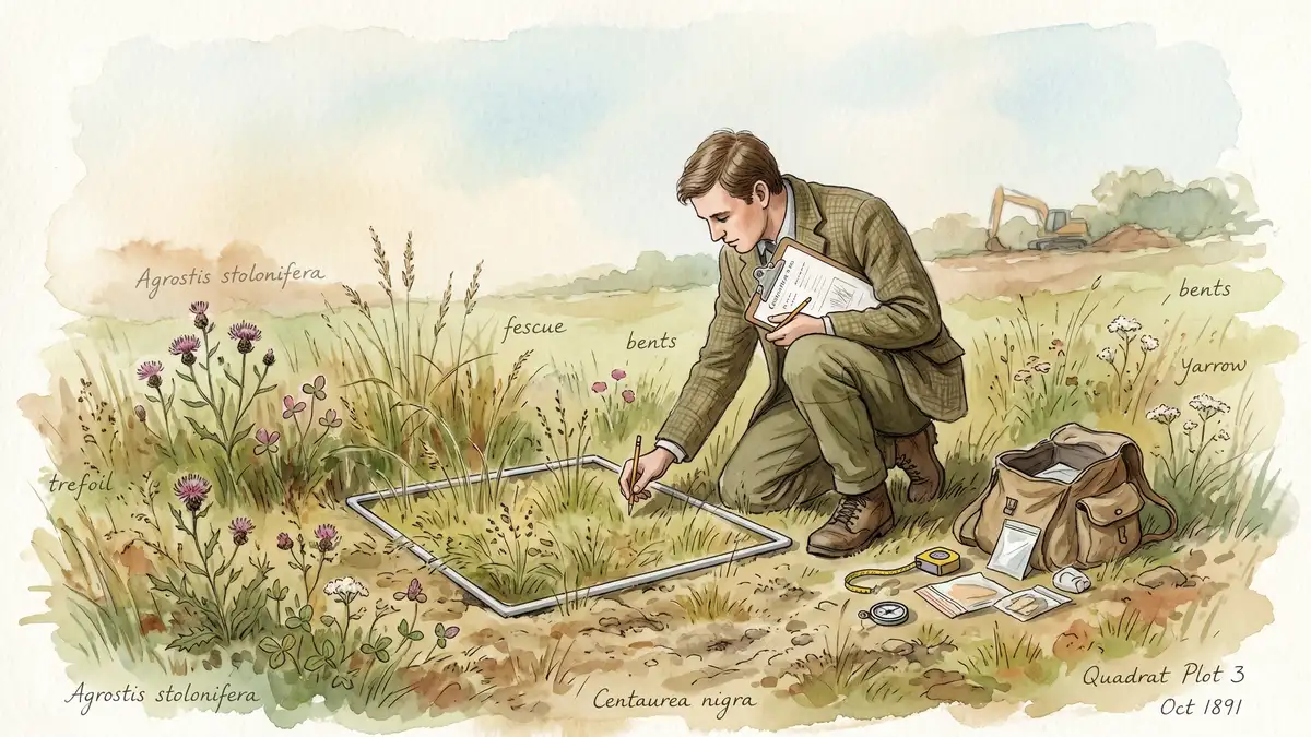 Ecologist conducting a baseline habitat survey using quadrat frames on a British development site, painted in Victorian watercolour style