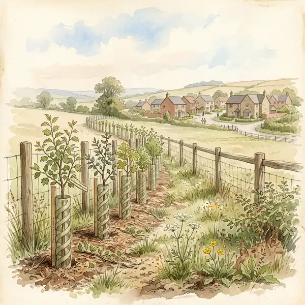 Newly planted native hedgerow with hawthorn and blackthorn saplings in tree guards beside housing development, Victorian watercolour style