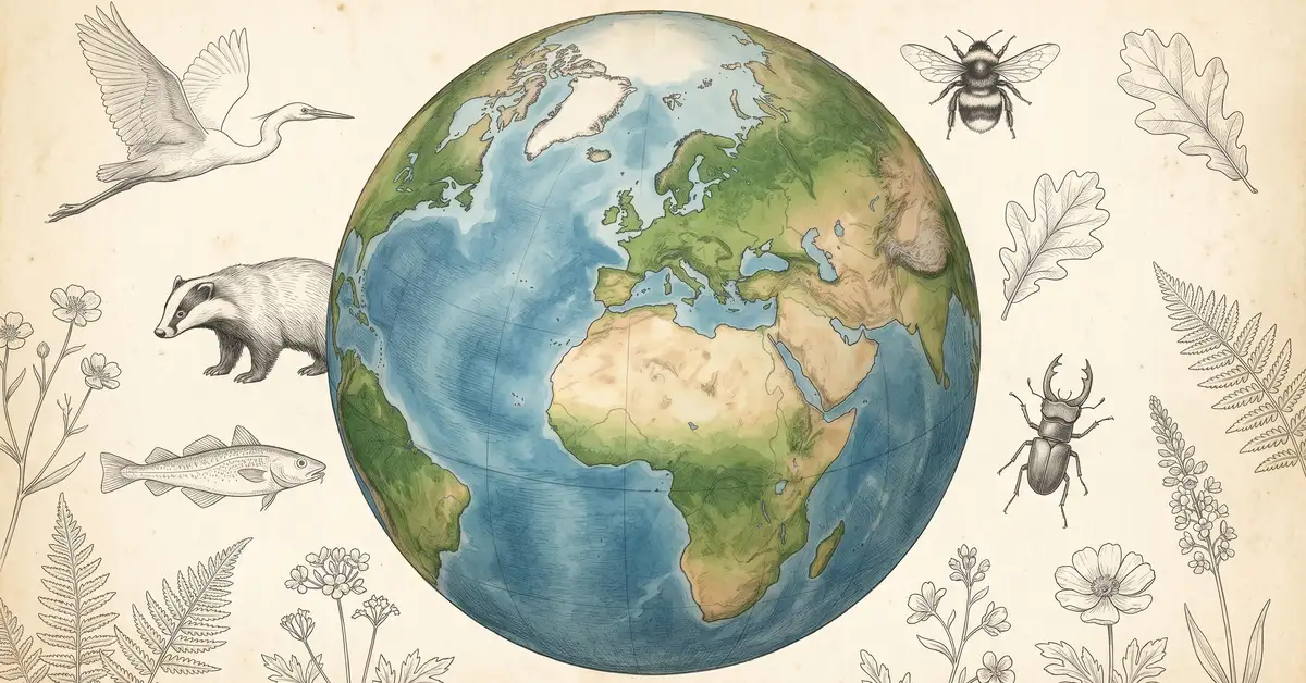 Victorian watercolour botanical illustration of a globe surrounded by diverse wildlife silhouettes including birds, mammals and plants