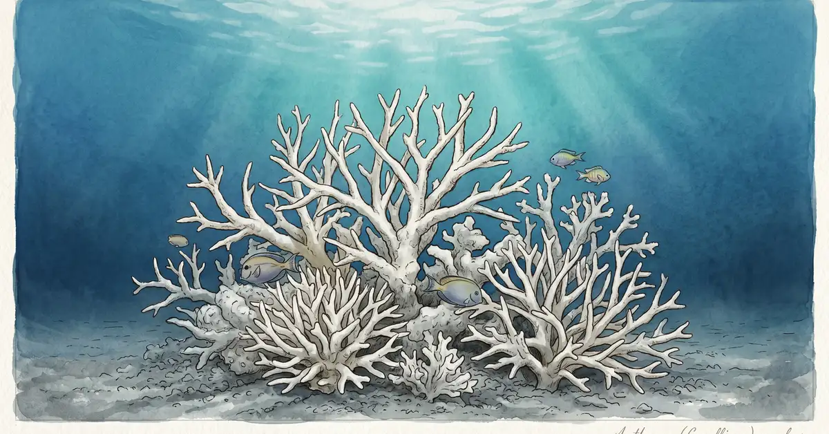 Victorian watercolour illustration of a bleached white coral reef underwater with pale ghostly coral branches and tropical fish