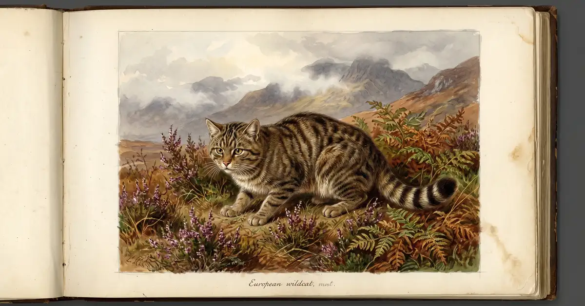 Victorian watercolour botanical illustration of a European wildcat crouching in Scottish highland heather in the Cairngorms
