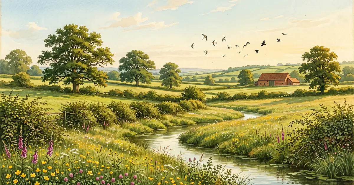 Victorian watercolour illustration of English farmland countryside showing hedgerows, wildflower meadows and scattered oak trees