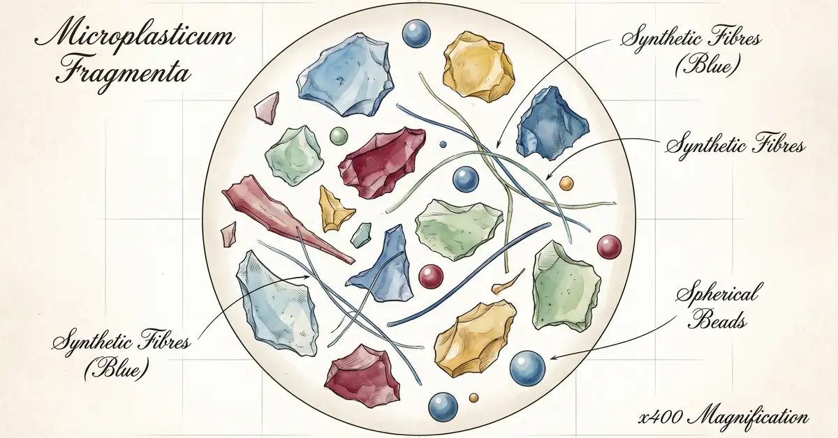 Victorian watercolour scientific illustration of microplastic particles viewed under a microscope, showing colourful translucent fragments and fibres