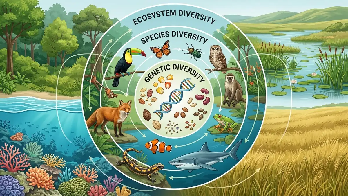 Illustration showing the three interconnected levels of biodiversity from genes to species to ecosystems