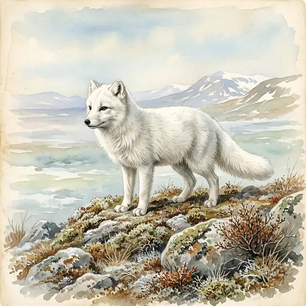 Victorian watercolour illustration of an Arctic fox in white winter coat standing alert on tundra terrain