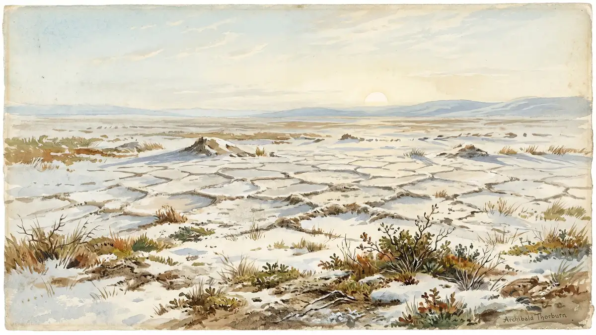 Frozen tundra landscape showing permafrost polygonal ground patterns with sparse vegetation and a pale Arctic sun on the horizon