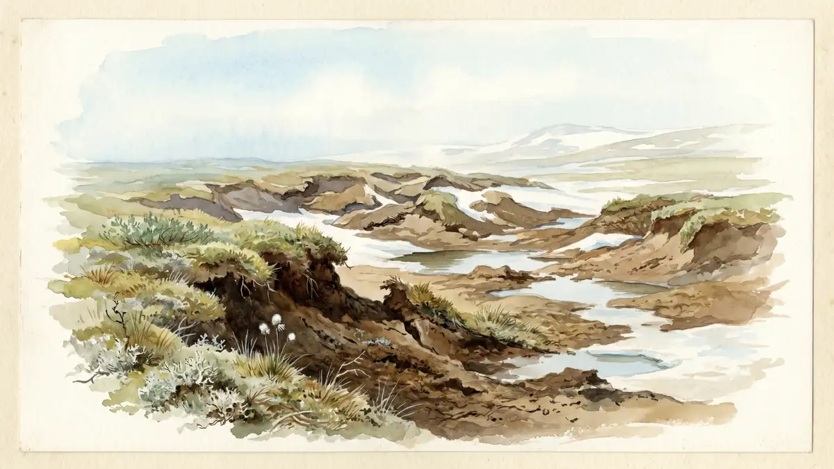 Victorian watercolour illustration of thawing permafrost landscape with thermokarst terrain and meltwater pools