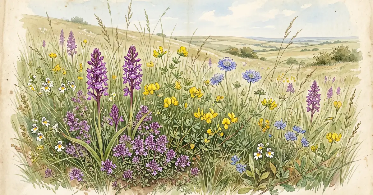 Victorian watercolour illustration of a chalk grassland meadow rich in wildflower species including orchids, wild thyme and scabious