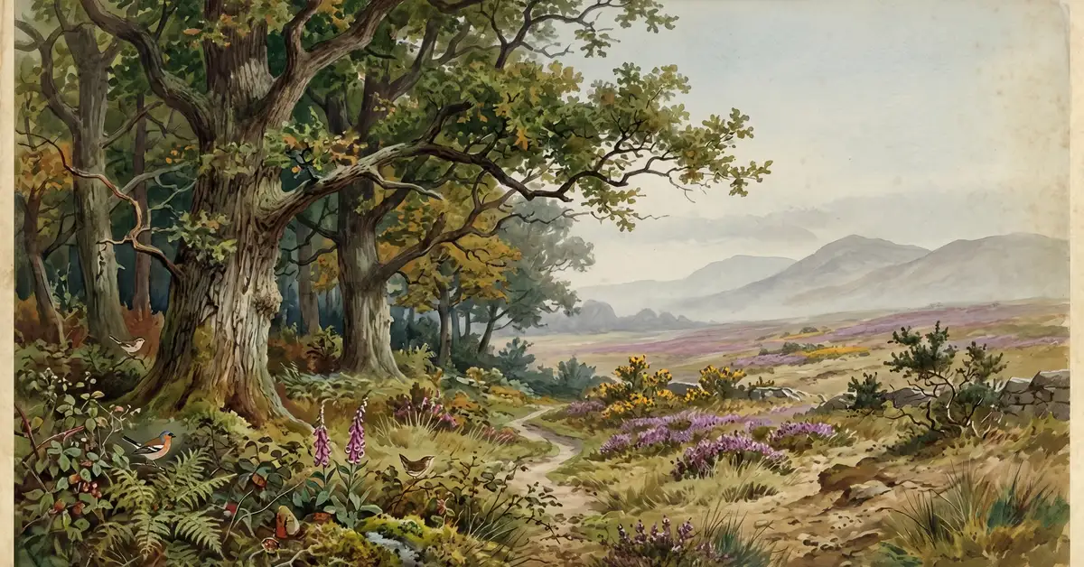 Victorian watercolour illustration showing an ancient oak woodland transitioning into open heathland, demonstrating habitat contrast and species turnover