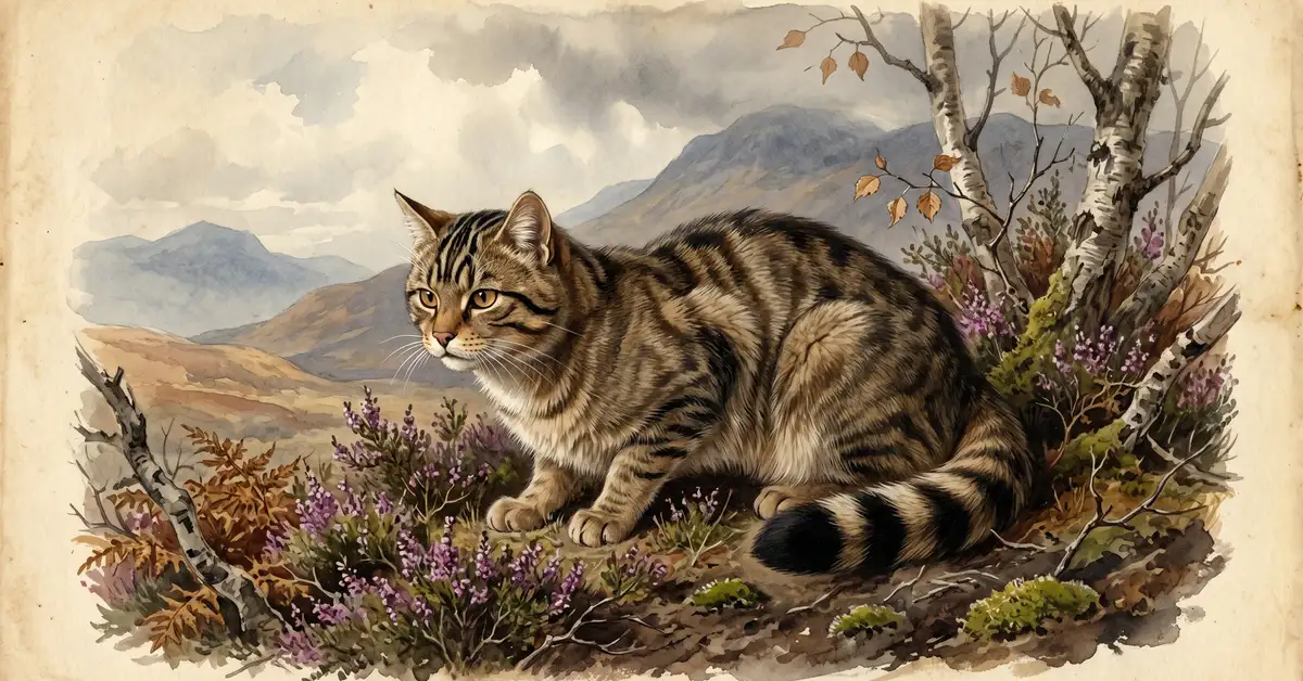 Victorian watercolour illustration of a Scottish wildcat crouched in Highland heather showing distinctive thick ringed tail and tabby markings
