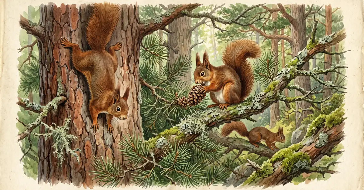 Victorian watercolour illustration of red squirrels in a Caledonian pine forest with distinctive ear tufts and russet fur among Scots pine branches