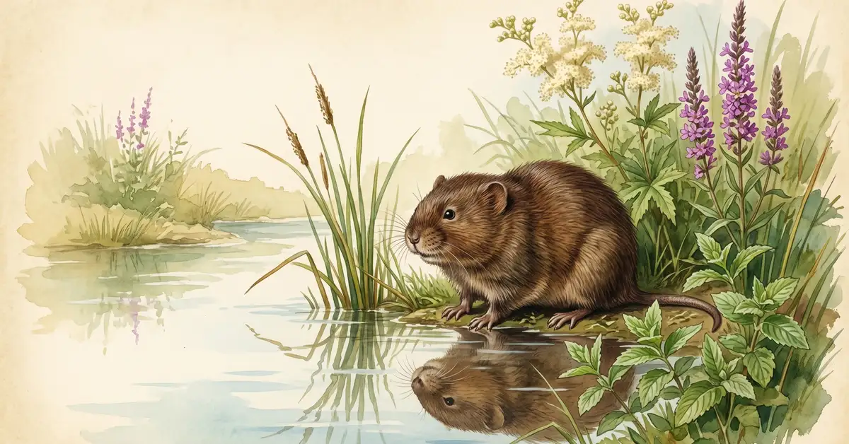 Victorian watercolour illustration of a water vole at the edge of a chalk stream among rushes and water mint with lush riverside vegetation