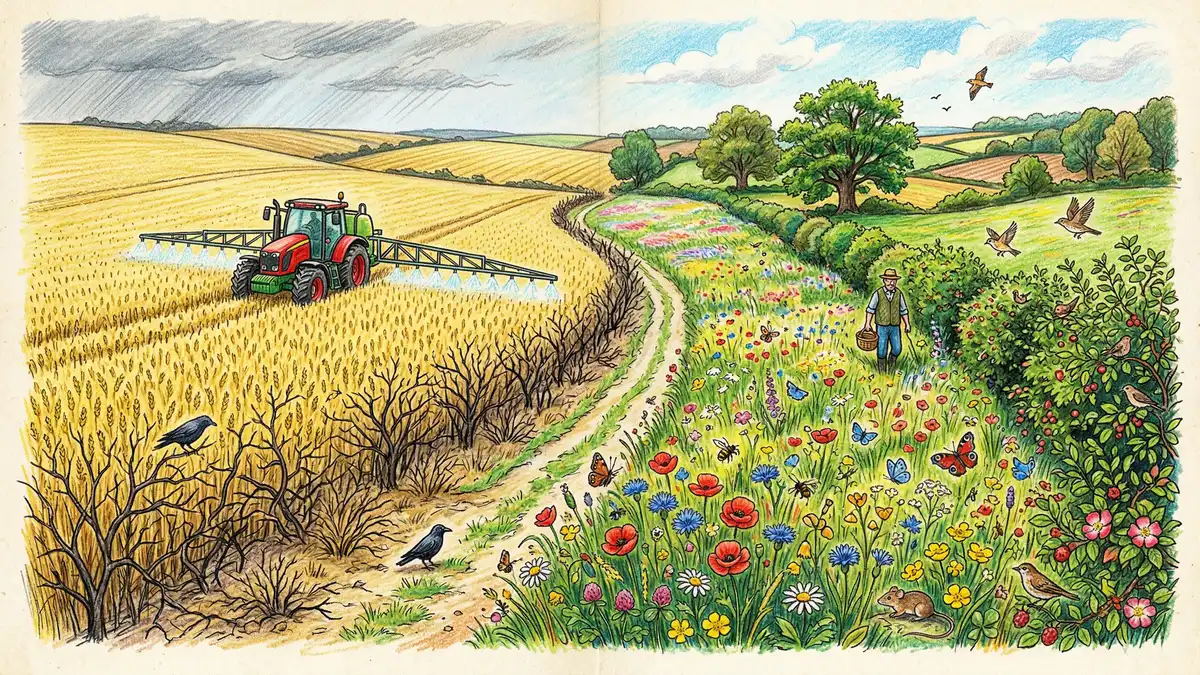 Aerial view of agricultural fields showing monoculture crops with no hedgerows or wildlife corridors