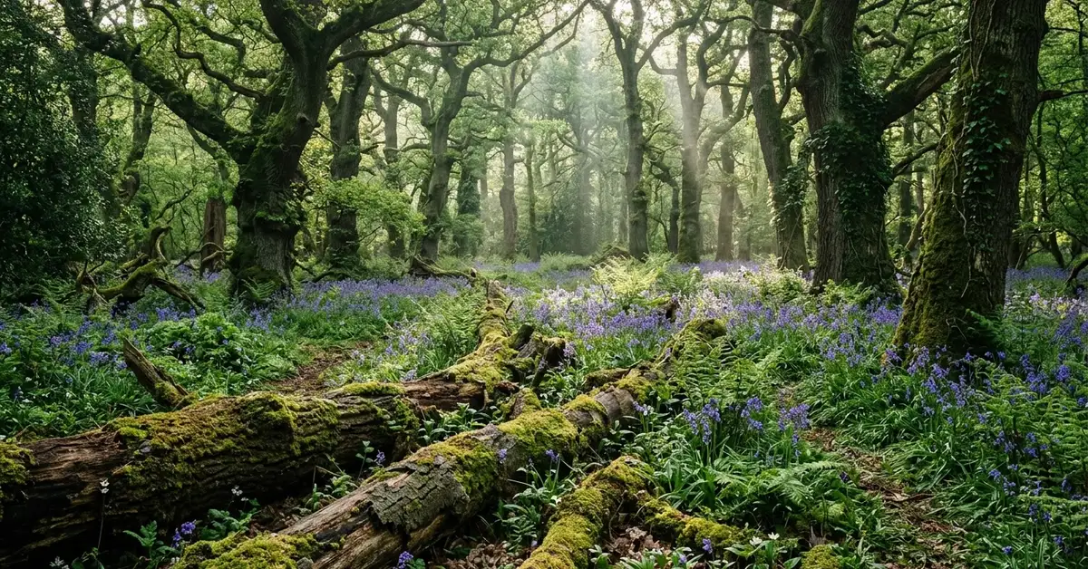 Ancient oak woodland with sunlight filtering through canopy, showing diverse understory vegetation and moss-covered fallen logs in UK forest interior