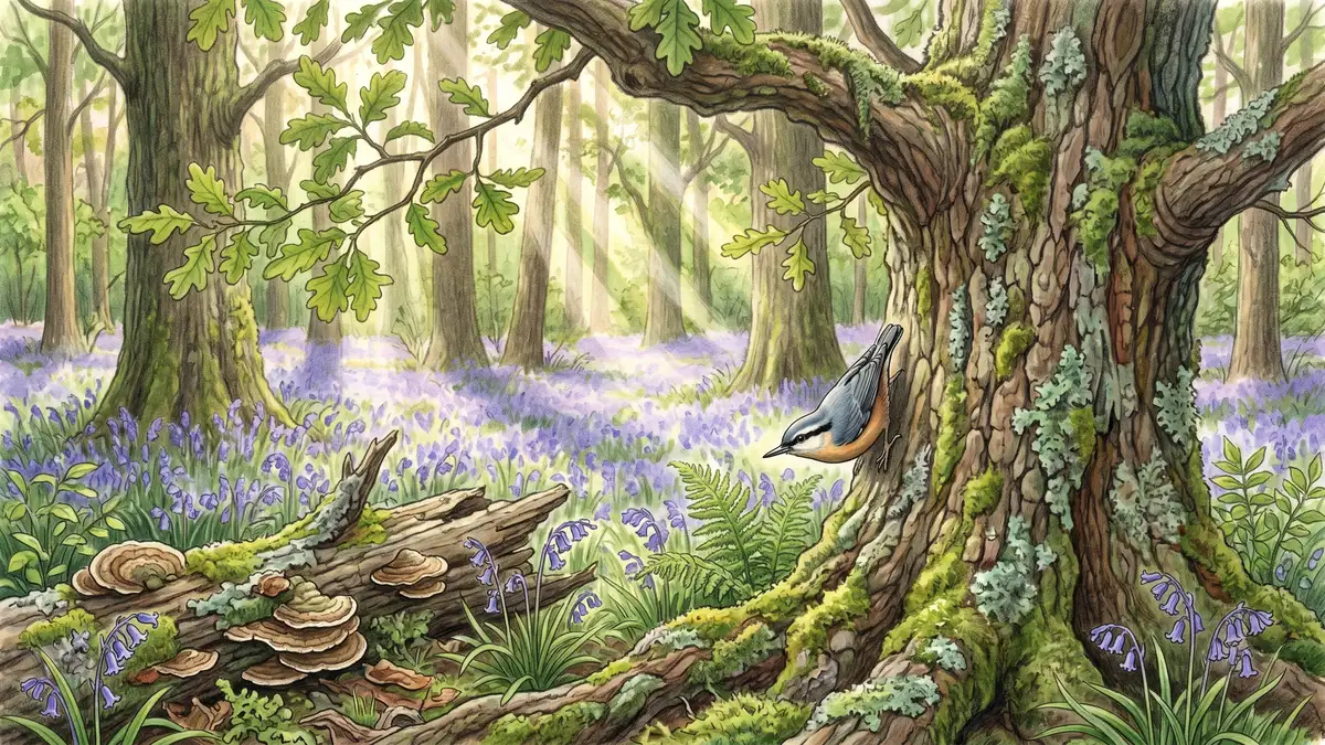 Victorian watercolour illustration of an ancient English oak woodland in spring with bluebells and a nuthatch on a gnarled trunk